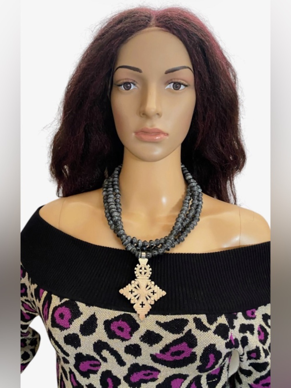 Akola Project Ethiopian cross 3 strand paper bead necklace